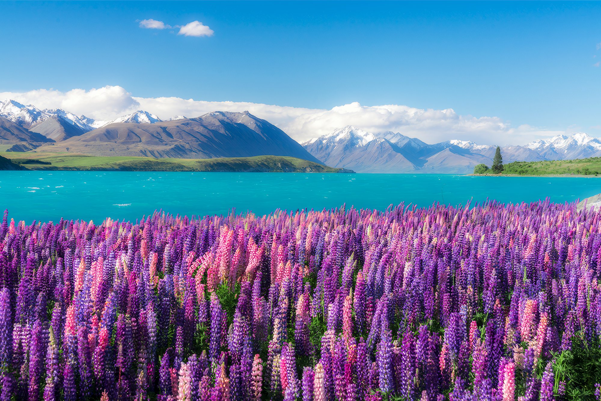 kvetoucí lupiny u jezera Pukaki nebo Tekapo s horami v pozadí. Ideálně ranní nebo večerní světlo.